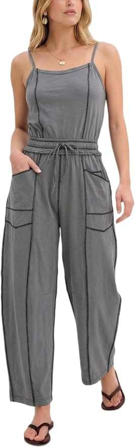 UANEO Women's Jumpsuit Adjustable Spaghetti Straps Summer Overalls Barrel Wide Leg Drawstring Rom... | Amazon (US)