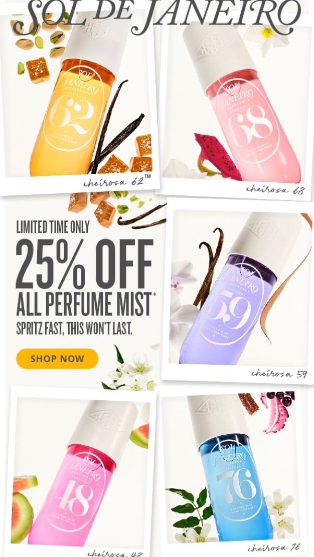 SALE ALERT!!!!

Enjoy 25% off Sol de Janeiro perfume mists including the limited edition juicy mango scent, 67.

The new rose 92 is included too 🥳


#LTKHoliday #LTKGiftGuide