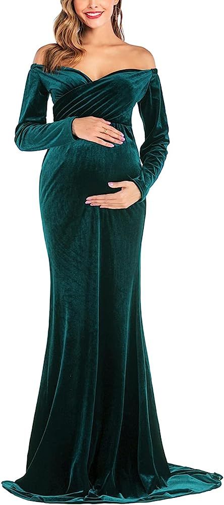 ORQ Velvet Maternity Dress for Photography Off Shoulder Fitted Grown Long Sleeve Maxi Photoshoot ... | Amazon (US)