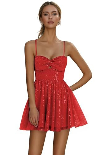 SELFGENIC Elegant Red Homecoming Dress Plus Size Sequined Formal Prom Dresses Charming Spaghetti Straps Party Bodycon Dress Mini 18 | Amazon (US)
