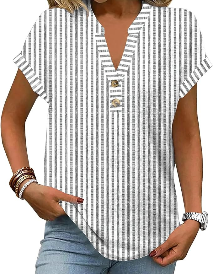 Womens Striped Henley Summer Tops V Neck Button Dressy Casual T Shirts Blouses 2026 Trendy Clothe... | Amazon (US)