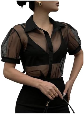 GORGLITTER Women's Sheer Puff Sleeve Tops Blouse Dressy Casual Y2K Mesh Cropped Button Down Shirt... | Amazon (US)