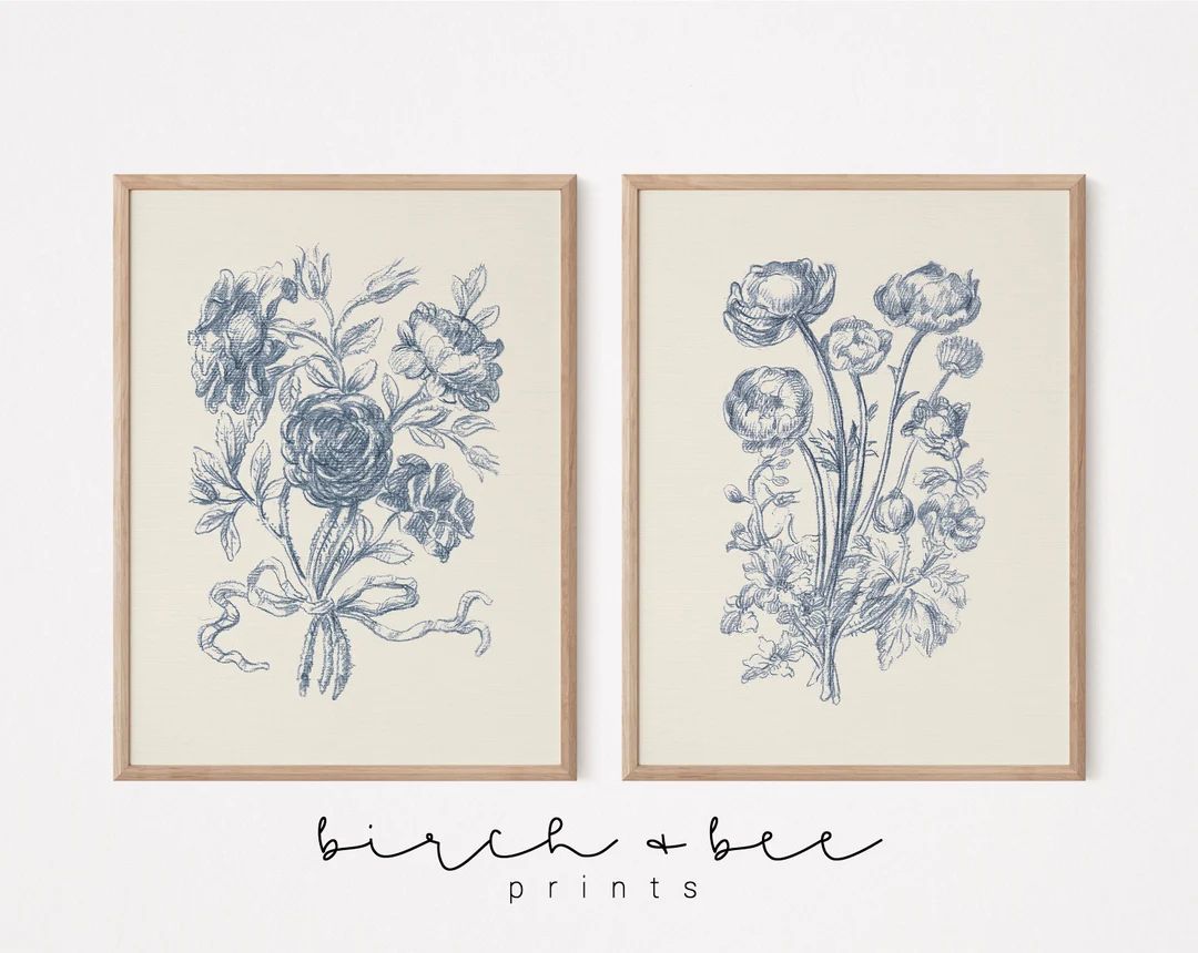 Blue Floral Print Set of 2 Botanical Wall Art Set Floral Sketch Decor Vintage Nursery Art MAILED ... | Etsy (US)