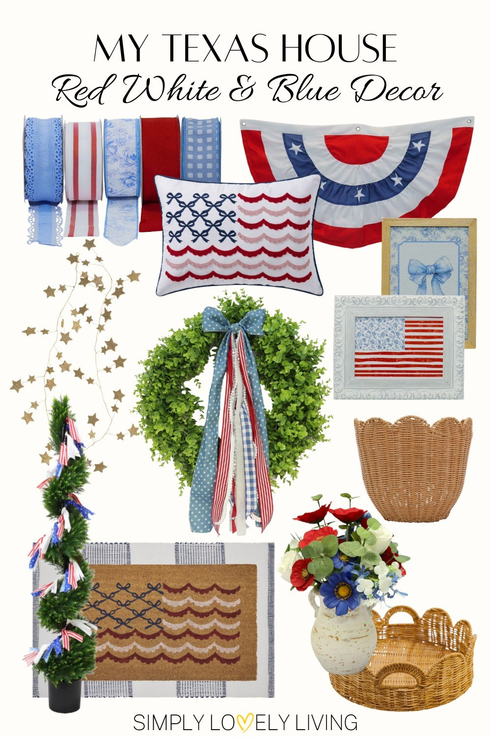 Red white and blue decor at Walmart. Perfect for Memorial day and 4th of July. Bunting flag. Red white and blue ribbons. Decorative flag pillow. Decorative frames. Summer wreath. 4th of July wreath. Wicker trays and vases. Faux topiary. Flag Doormat over blue and white rug. Star garland. #summer #redwhiteandblue

#LTKSeasonal #LTKHome