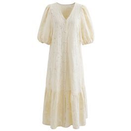 Button Down Bubble Sleeve Embroidered Dolly Dress in Light Yellow | Chicwish