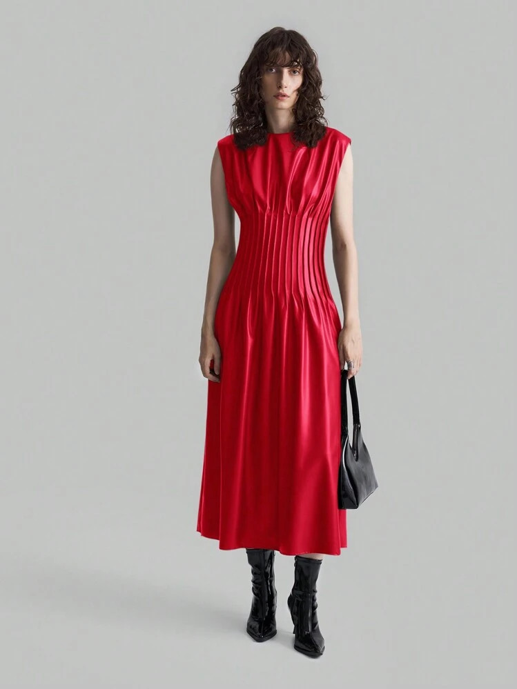 Ontre Red PU Sleeveless Mid-Length Dress | SHEIN