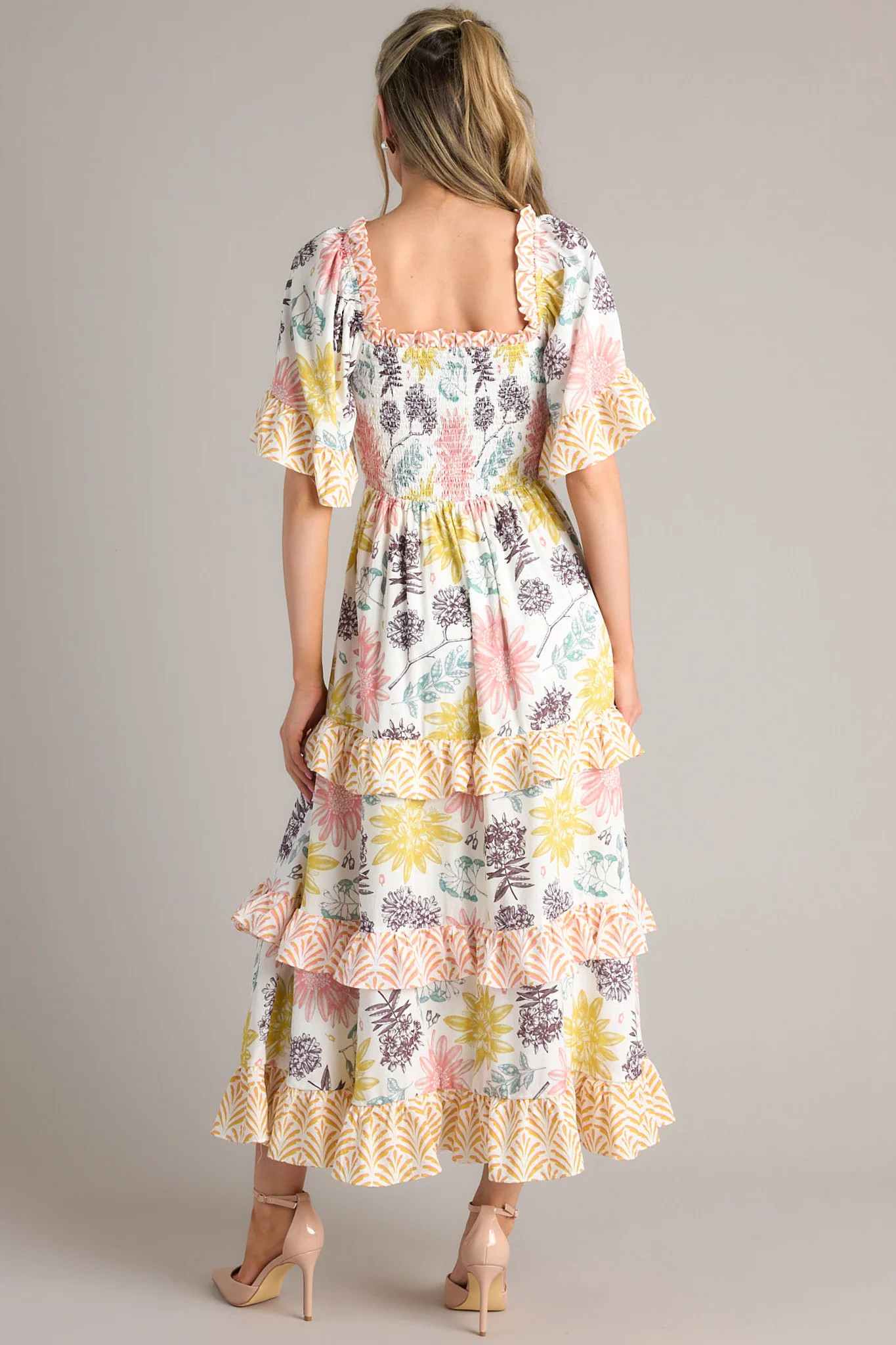 Stay Awhile Ivory Floral Print Maxi Dress | Red Dress