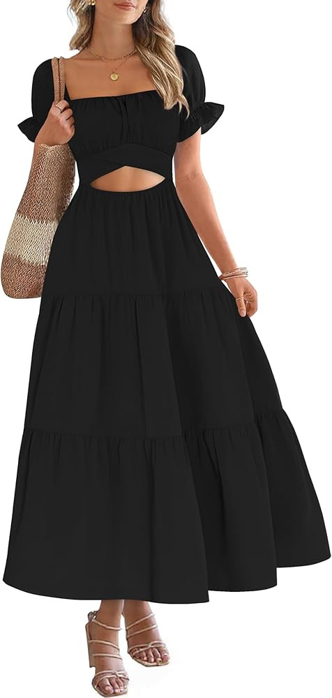 Mokayee Womens Summer Short Sleeve Ruffle Tiered Square Neck A Line Cutout Flowy Vacation Beach M... | Amazon (US)