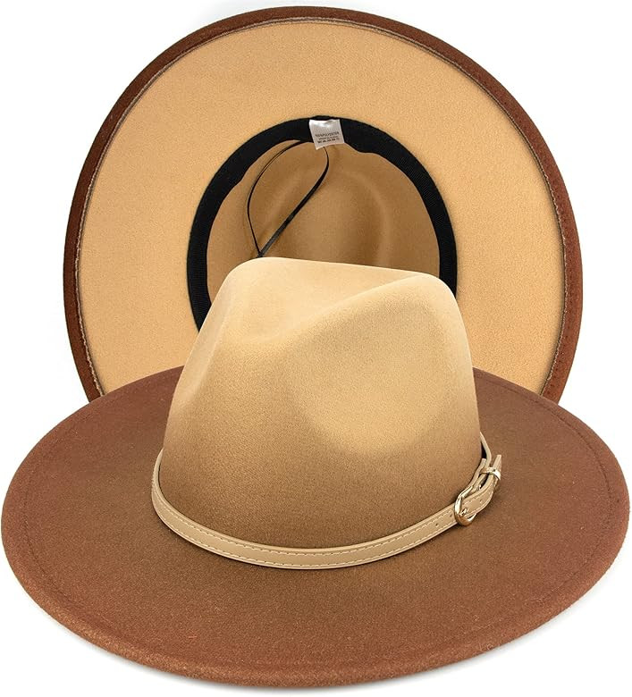 INOGIH Women Belt Buckle Fedora Hat Wide Brim Felt Hat Retro Gradient Panama Two Tone | Amazon (US)