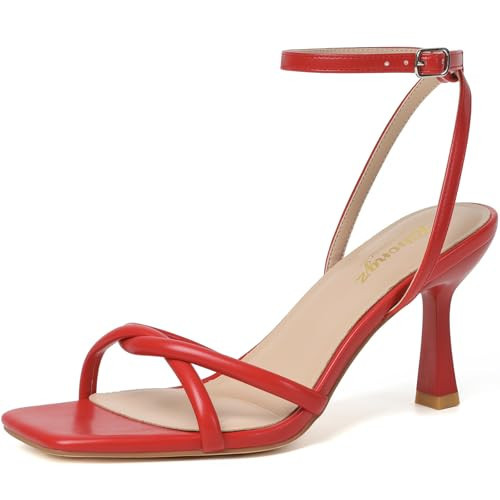 RIBONGZ Women's Heeled Red Sandals Square Open Toe Kitten Strappy Heels with Ankle Strap Elegant Summer Wedding Party Evening Prom Daily Wear Lace Up Dress Shoes 11 | Amazon (US)