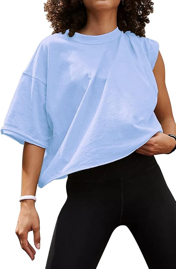 Women's Oversize Workout Crop Tops Casual Short Sleeve Drop Shoulder Boxy T-Shirts Roll Hem Basic... | Amazon (US)