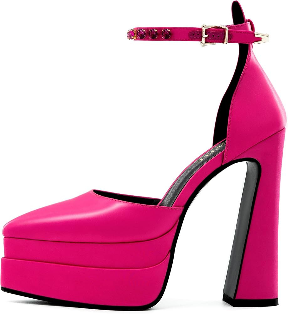 FINDVELL Chunky Platform Heels for Women Pumps Hot Pink Block High Heels Dress Closed Toe Ankle Stra | Amazon (US)