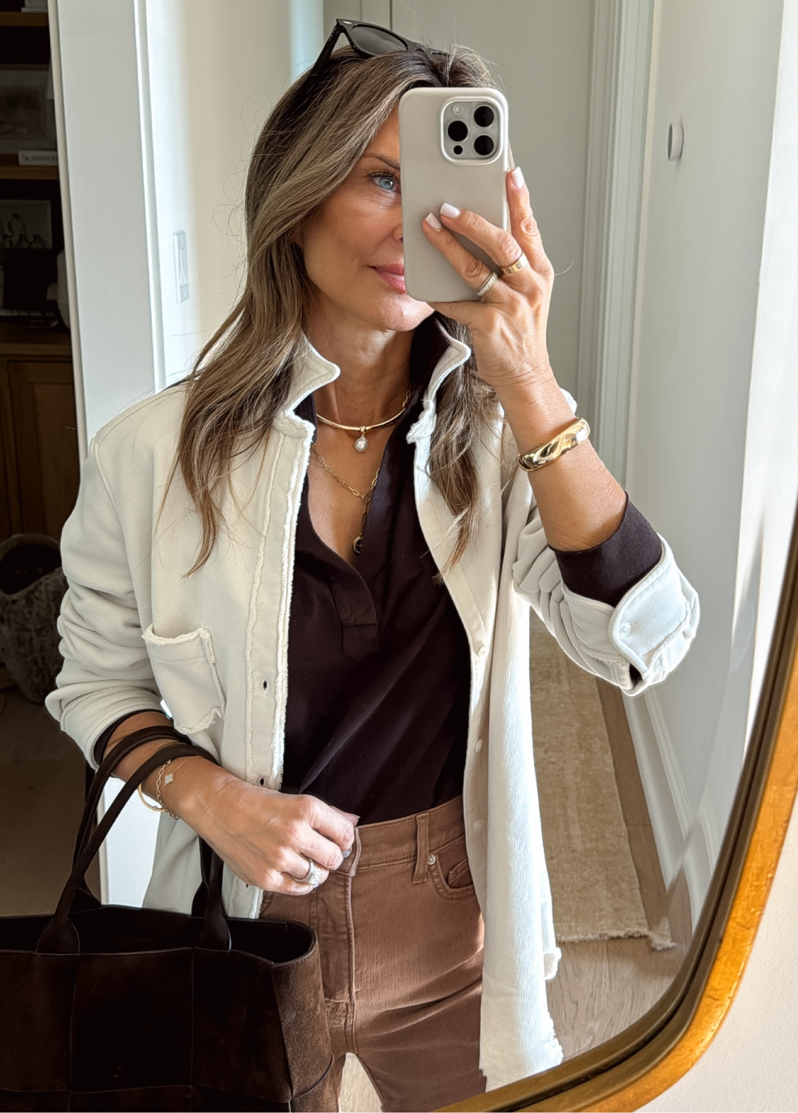 Thatch— collar necklace with removable pearl. Gold bangle 

Frank & Eileen Patrick jersey top sz S with Eileen fleece top, I oversized to a M. 

Suede bag
Veronica Beard Carlton ankle jeans 


#LTKSeasonal #LTKOver40