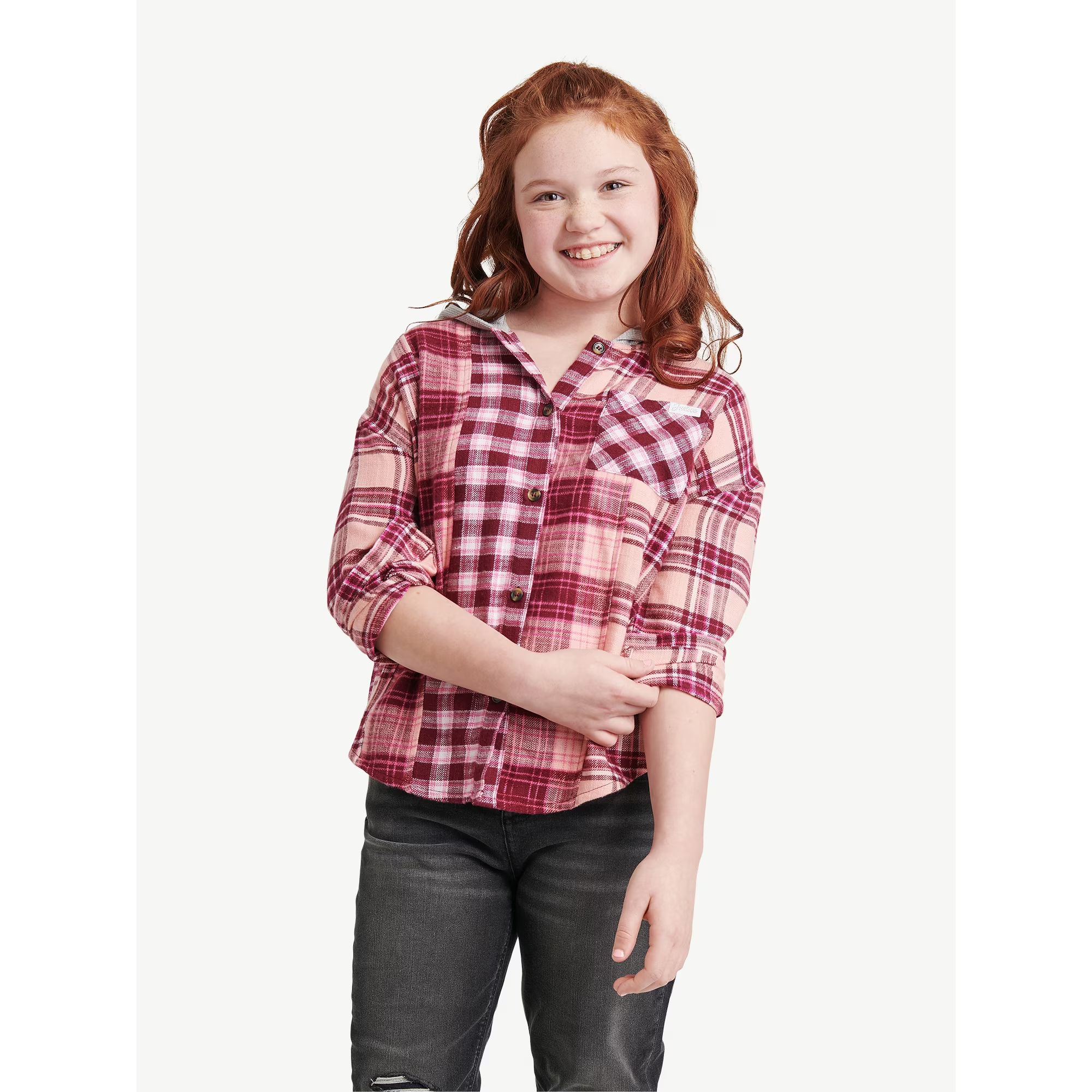 Justice Girls Long Sleeve Plaid Flannel With Hood, Sizes XS-XLP | Walmart (US)