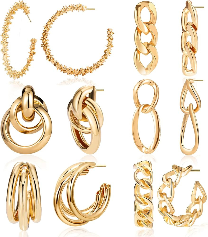 6 Pairs Women's Anti-allergic Thick Opening Jewelry Gold Chunky Hoop Earring Set for Birthday/Chr... | Amazon (US)