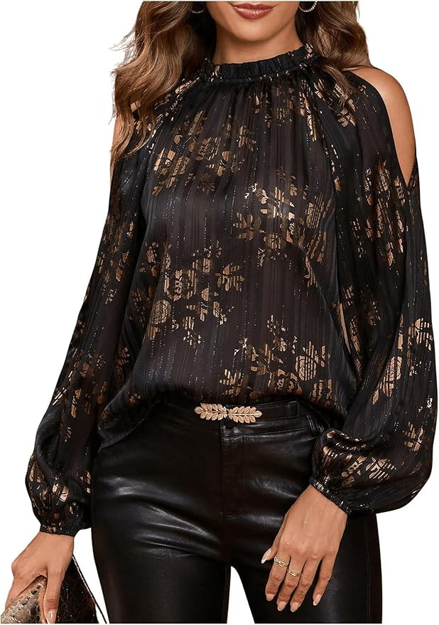 GORGLITTER Women's Cold Shoulder Tops Blouse Fall Dressy Casual Lantern Long Sleeve Mock Neck Ple... | Amazon (US)