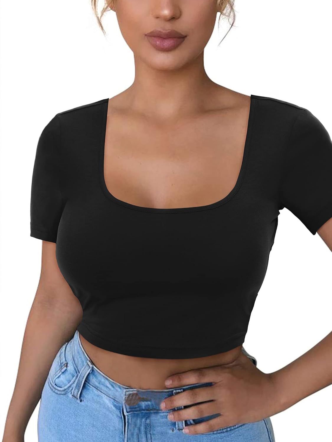 VETIOR Women's Cotton Basic Scoop Neck Crop Top Short Sleeve Tops | Amazon (US)