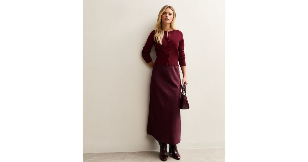 Petite Dark Burgundy Polka Dot Satin Bias Cut Midi Skirt | New Look | New Look (UK)