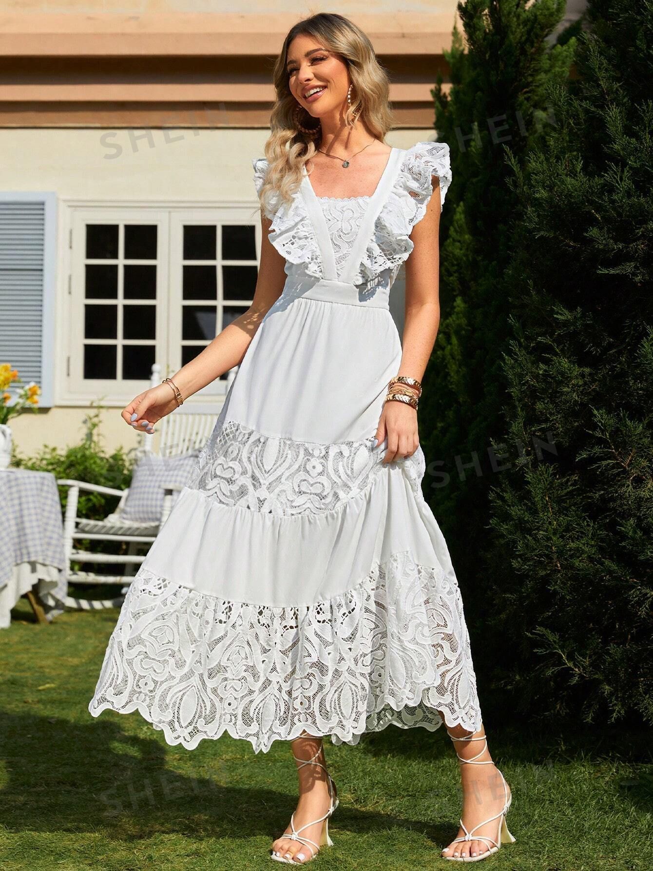 Simplee Contrast Lace Ruffle Trim Dress | SHEIN
