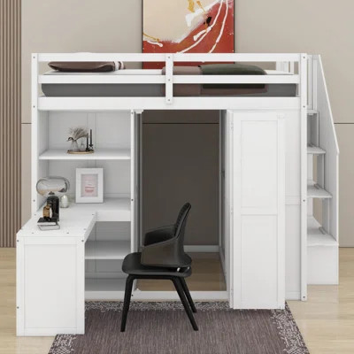 Full Size Loft Bed With Wardrobe,Desk And Shelves | Wayfair North America