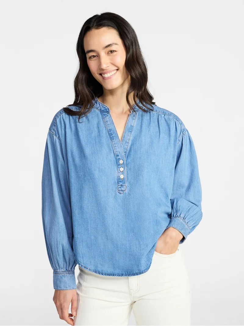 Time and Tru Women's Popover Denim Top with Long Sleeves, Sizes XS-XXXL | Walmart (US)