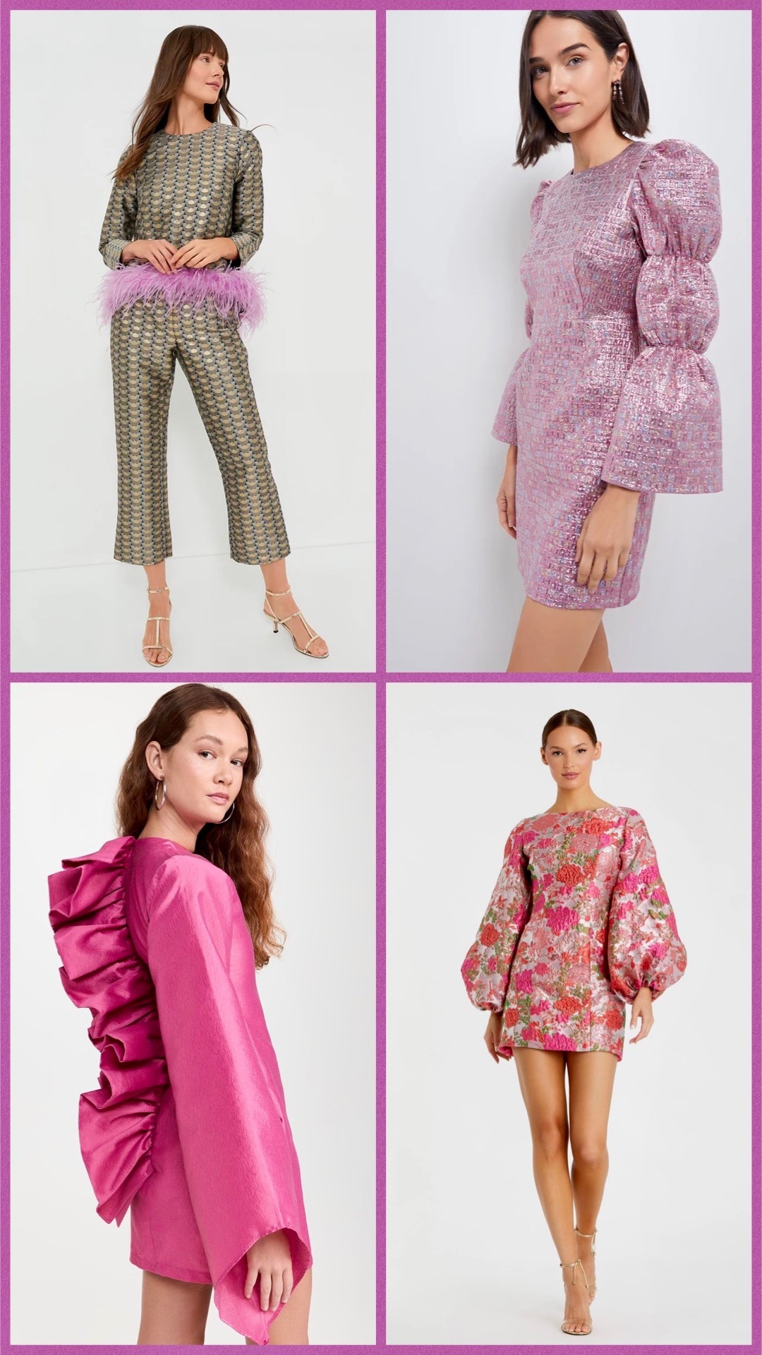 Eye-catching, structural styles in metallic and brocade 💖

#metallic #brocade #feathers #datenight #ruffles #pinkdress

#LTKSeasonal #LTKStyleTip #LTKParties