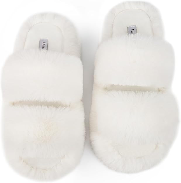 FamilyFairy Women's Fluffy Faux Fur Slippers Comfy Open Toe Two Band Slides with Fleece Lining an... | Amazon (US)