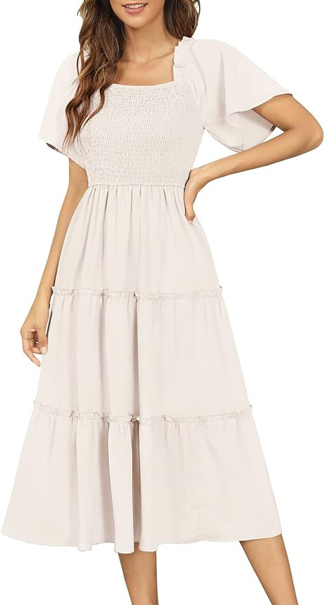 Zattcas Women's 2023 Spring Summer Boho Midi Dress Flutter Sleeve Square Neck Flowy Smocked Tiere... | Amazon (US)
