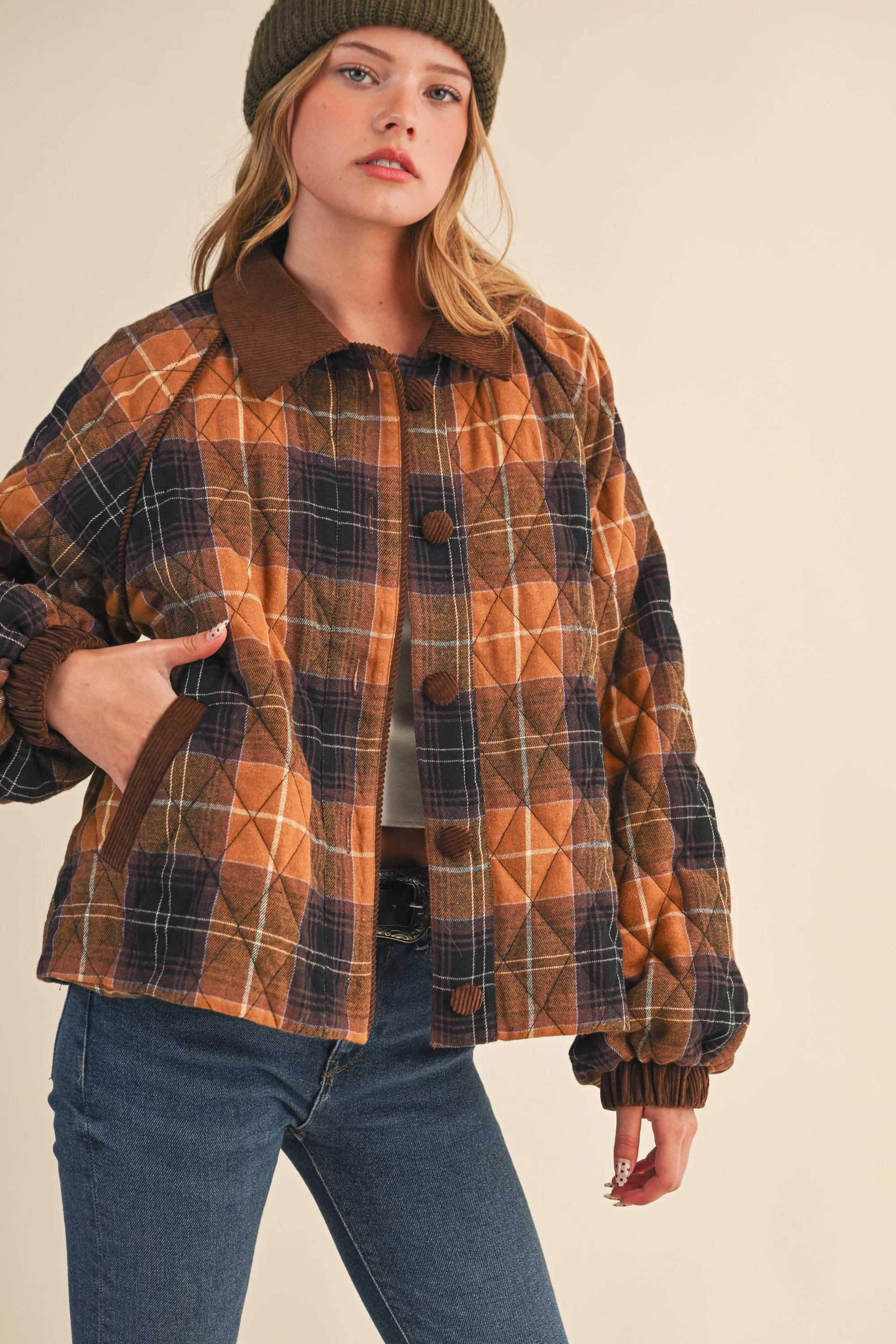 Brown Plaid Quilted Corduroy Contrast Jacket | PinkBlush Maternity