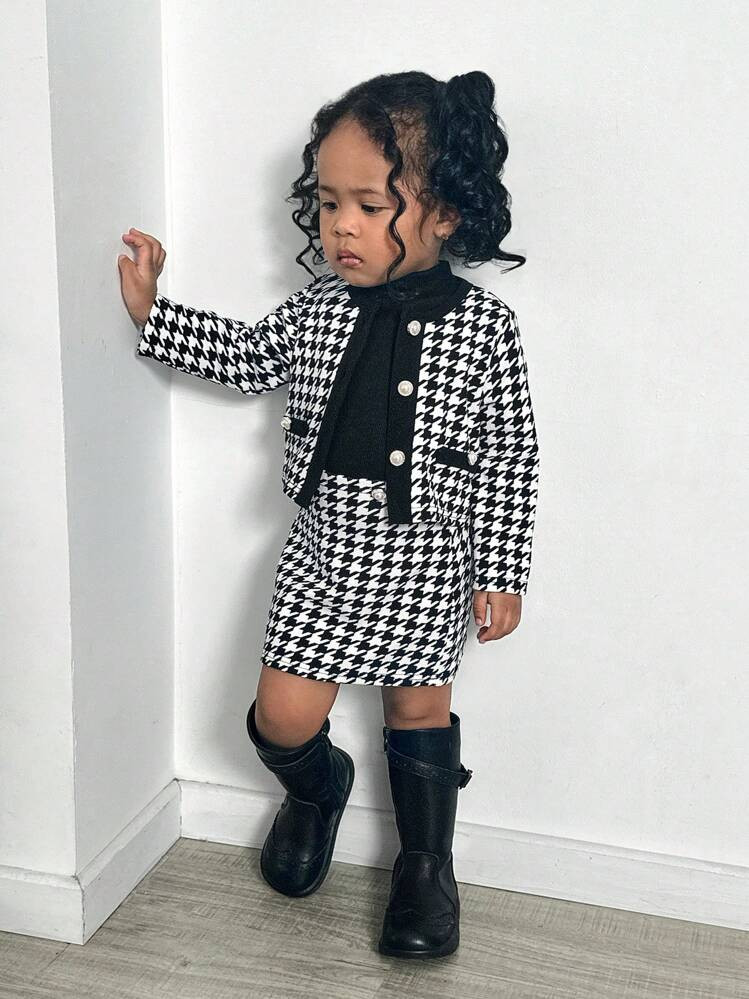 SHEIN 3pcs/Set Baby Girl Cute Houndstooth Patchwork Long Sleeve Jacket, Elastic Waist Skirt, Knitted Vest, Autumn & Winter | SHEIN