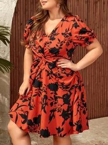EMERY ROSE Plus Floral Print Twist Front Puff Sleeve Dress SKU: sf2211299323325561(1 Reviews)$20.... | SHEIN