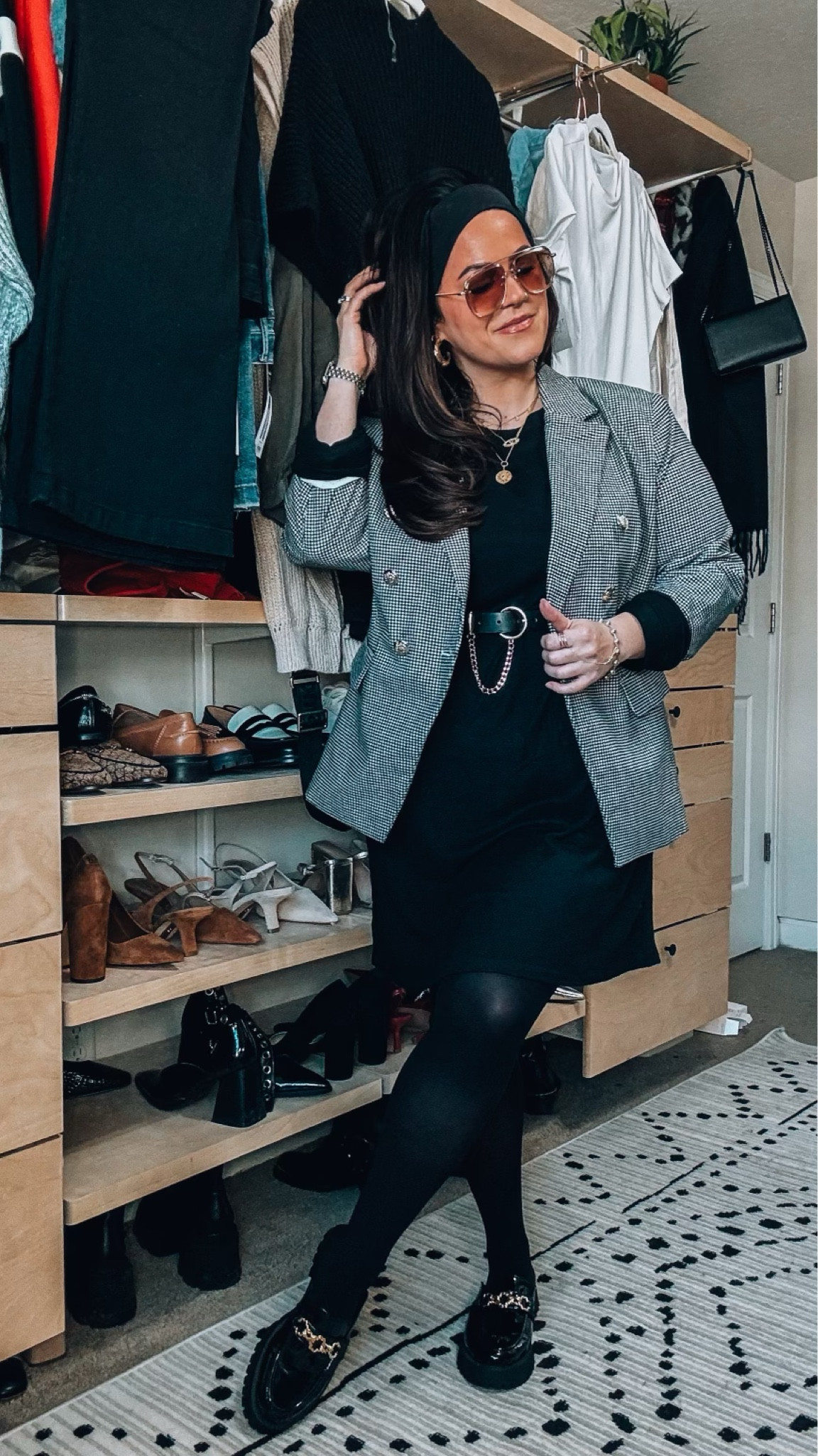 Midsize Walmart work outfit Inspo 
Business casual 
Checkered blazer xl 
Cozy long sleeve dress xl 
Chain belt xl 
Tights tts 
Slip on loafers tts 

#LTKSeasonal #LTKworkwear #LTKmidsize