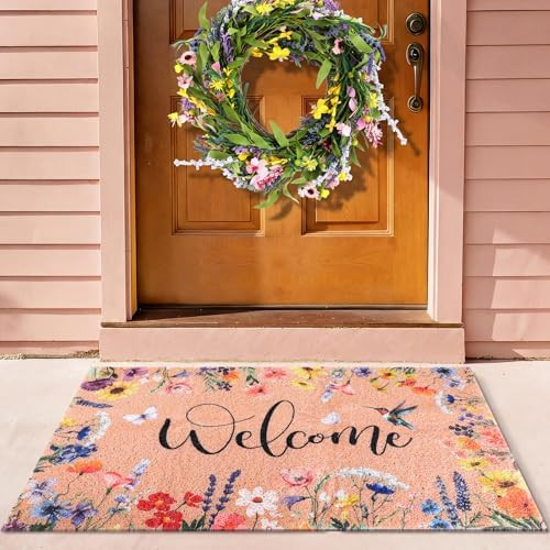 Wildflower Wreath and Welcome Doormat Set 17.7 Inch Artificial Lavender Flowers Non Slip Rubber B... | Amazon (US)