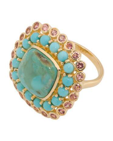 Made In India 14kt Gold Plated Turquoise And Pink Tourmaline Ring | TJ Maxx