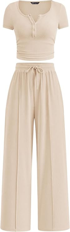 PRETTYGARDEN 2 Piece Outfit Ribbed Crop Top Wide Leg Pants Set | Amazon (US)