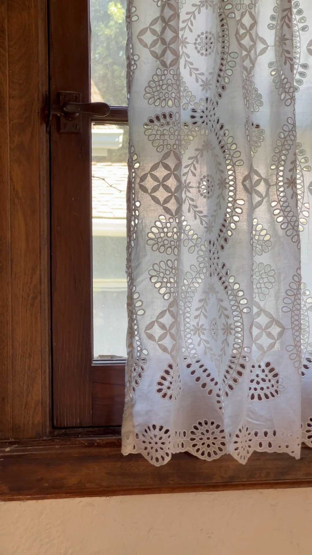 I found the prettiest eyelet fabric on Etsy for the foyer window! This room is pretty neutral so I could have gone color in here but I wanted to do something simple and restrained.  I used the same pleating tape and hooks I used on Leo’s drapery, but created a single pleat this time which I think works well here. 
The window has the original curtain rod hardware, so it was just a matter of adding antique brass rings I found on Amazon. I’m linking everything in stories and LTK if you want to check it out!

Between the bathroom, Leo’s room and now the foyer, this might just be the summer of curtains for us, but about time we got something we love on these old windows! 

#LTKVideo #LTKSeasonal #LTKHome