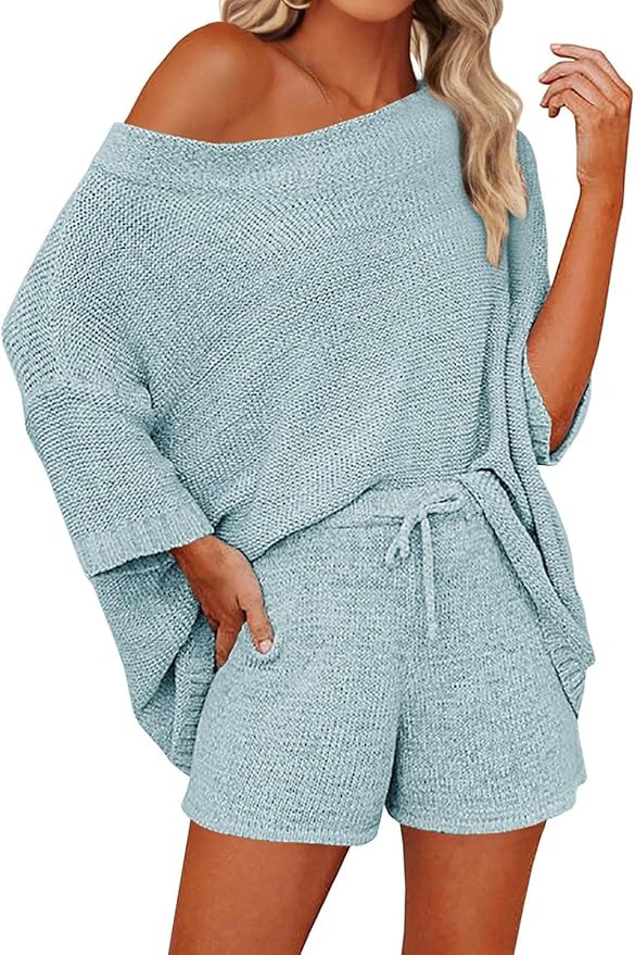 Mafulus Women's 2 Piece Outfits Sweater Sets Off Shoulder Knit Top Shorts Matching Suits Cute Paj... | Amazon (US)