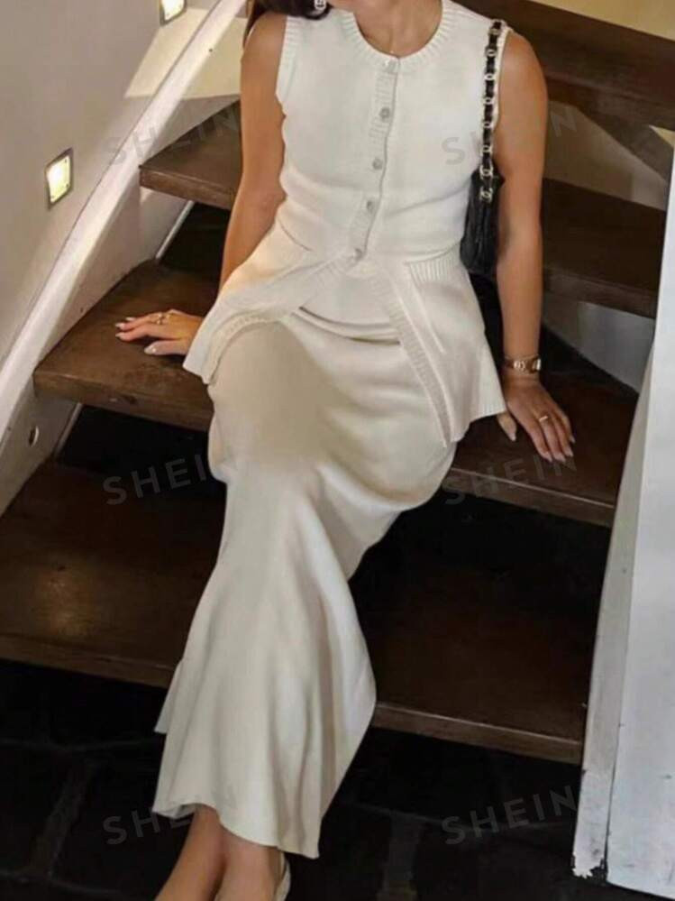 SHEIN Essnce 2pcs Women's Solid Color Single-Breasted Sweater Vest And Skirt Elegant Set, Autumn/... | SHEIN