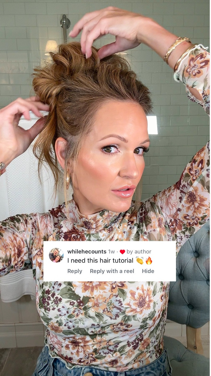 By popular request-hope this helps!!

You all were so sweet, thank you for loving my hair up like this! Here is how I do it! I wish I had better instructions-but that’s art for ya right? Make it your own!!

Let me know if you try it-I’d love to see it!

If you need details on my top, or products I’m using, comment TOP and I’ll send to ya! It’s a great one for us Autumn girlies 😘

———————

Hair tutorial 
Easy updo
Messy updo