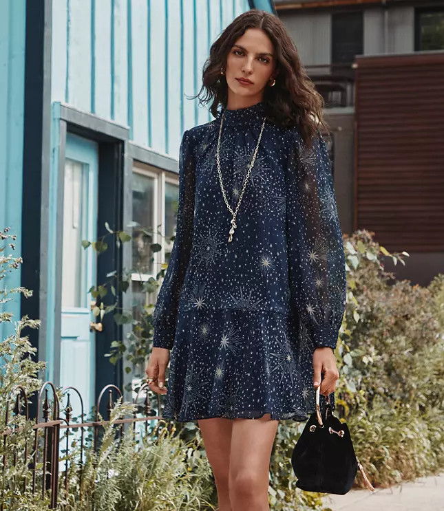 Shimmer Stripe Tie Neck Mini Flounce Dress | LOFT