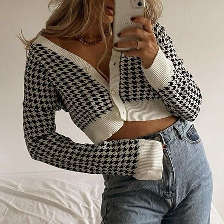 Womens V Neck Button Front Houndstooth Cardigans Long Sleeve Sweater Autumn Winter Plaid Knitted Jum | Walmart (US)