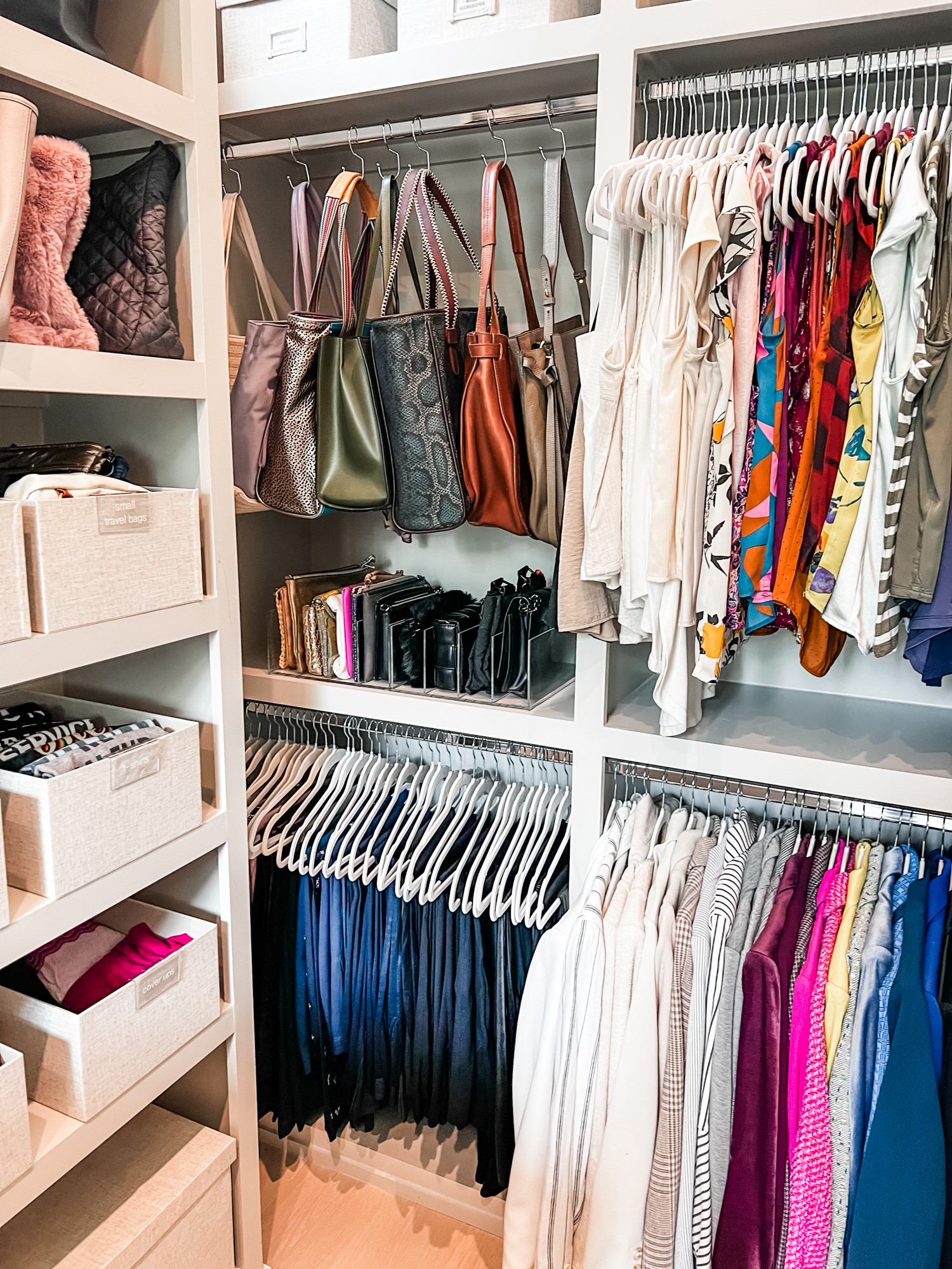 Matching hangers + matching bins + purse hangers + clutch organizers = Closet perfection. 

 
