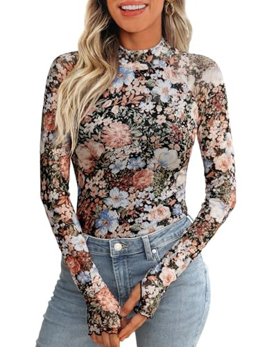 Dealmore Lace Sheer Floral Mesh Mockneck Going Out Tops for Women Fall Fashion Spring Outfits 2026 Clothes Floral Fierce XS | Amazon (US)