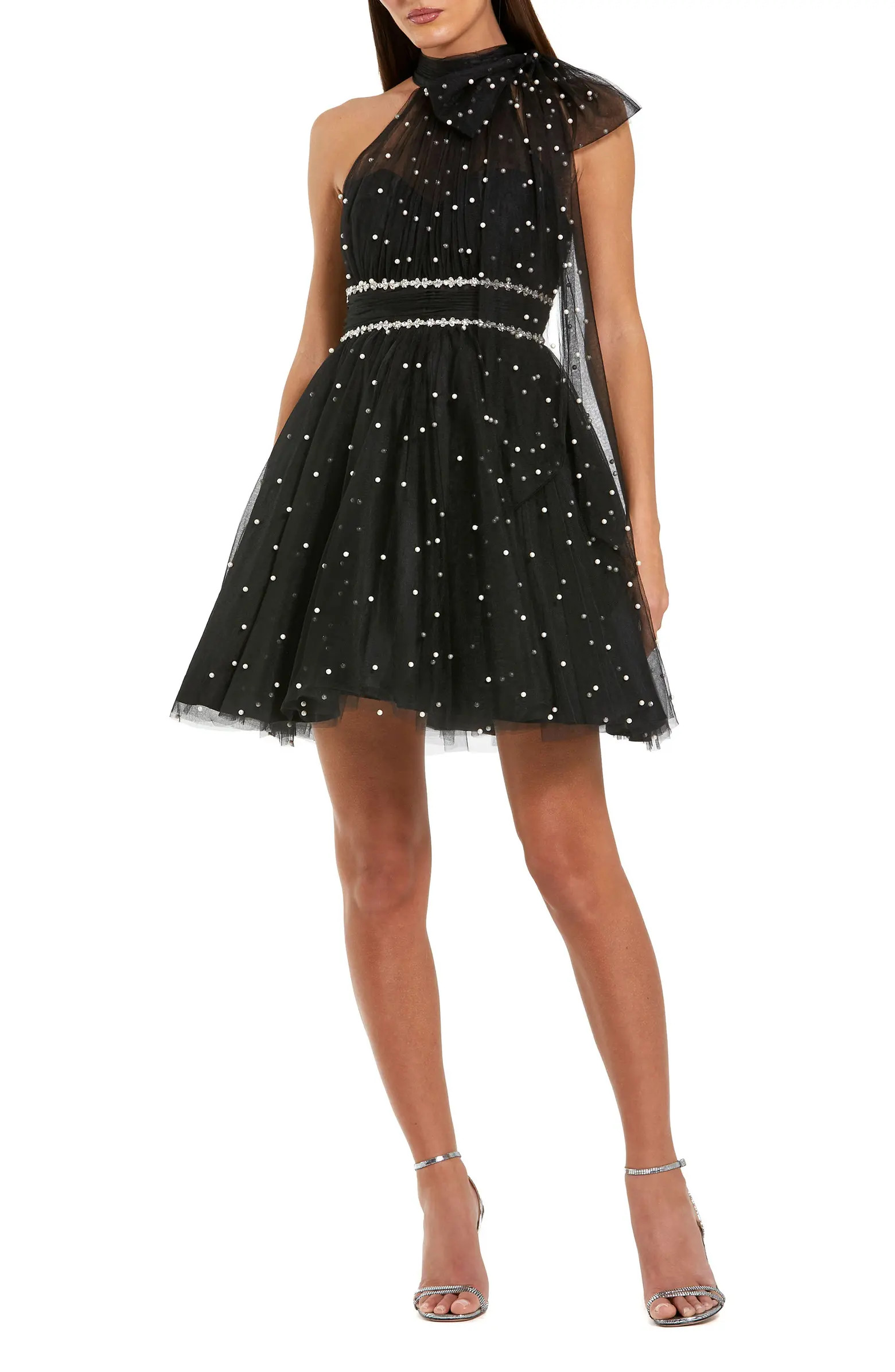 Mac Duggal Pearl Embellished Tulle Tie Neck A Line Mini Dress | Nordstrom | Nordstrom
