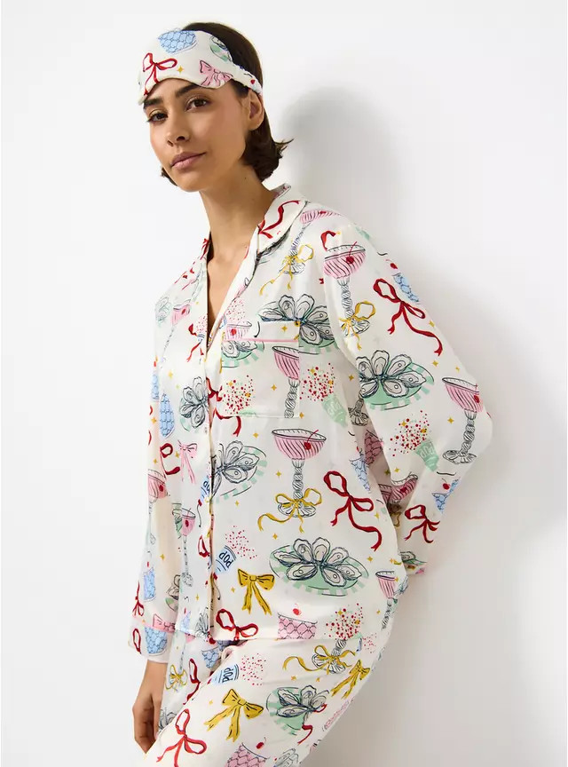 Christmas Party Printed Satin Traditional Pyjamas & Eye Mask 12 | Tu Clothing