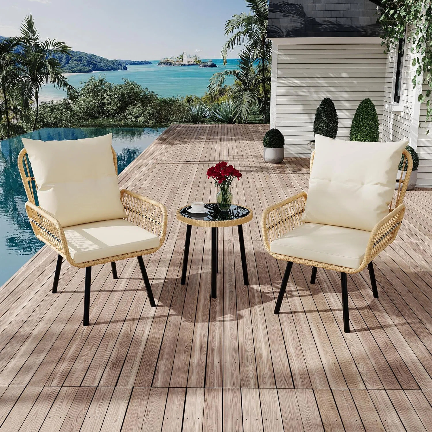 3 Pieces Patio Bistro Set, Outdoor Wicker Conversation Chair Set with Glass Top Coffee Table, Cus... | Wayfair North America