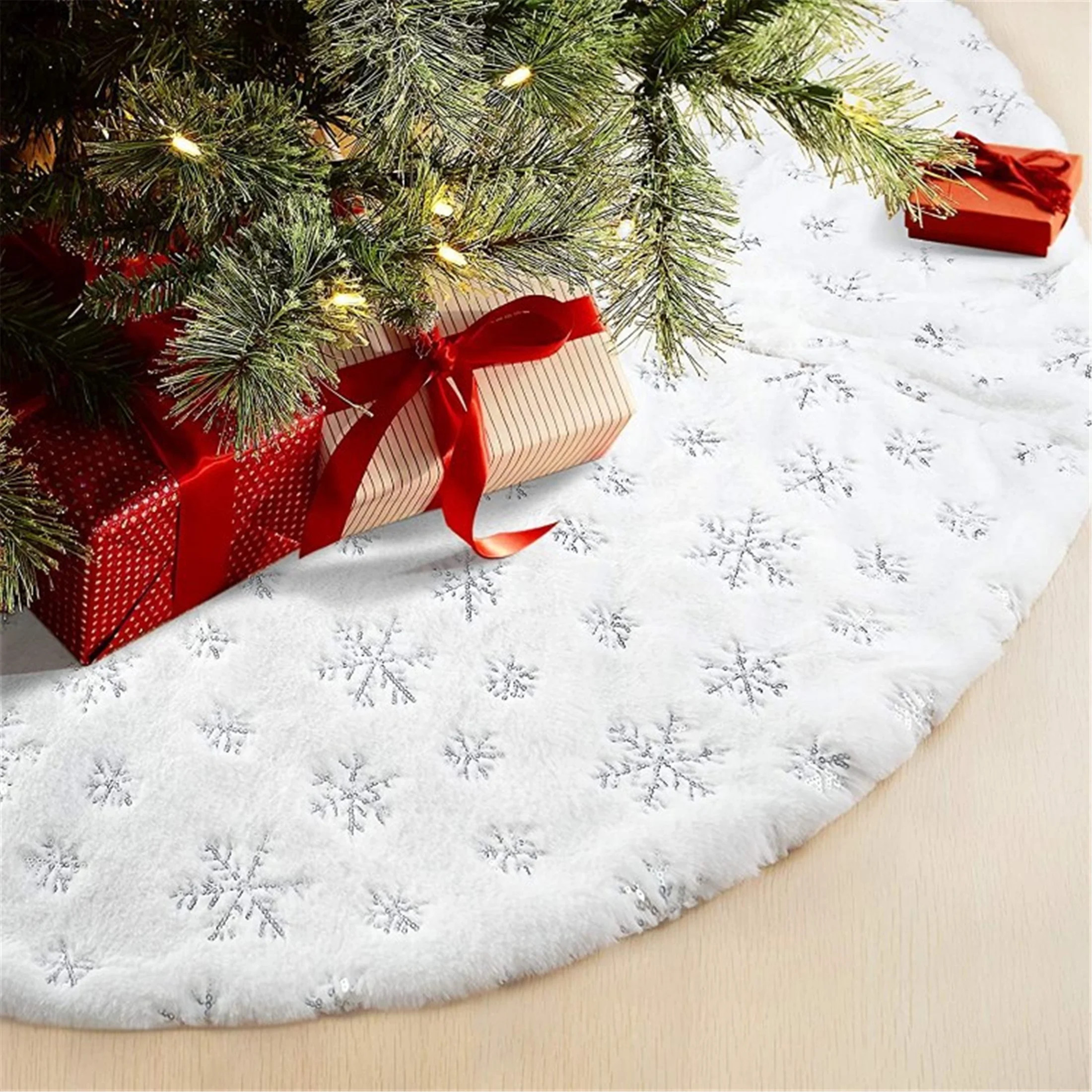 Christmas Tree Skirt, 35 Inches Luxury Snowy White Faux Fur Xmas Tree Skirt Base Cover Mat With S... | Walmart (US)