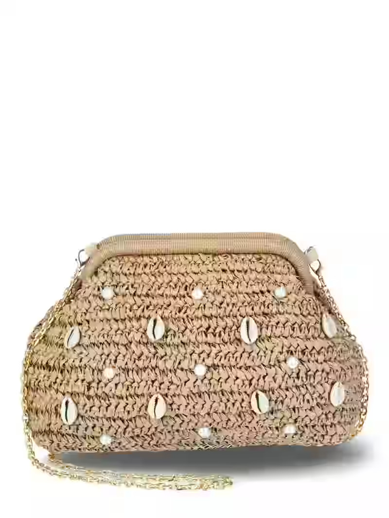 Time and Tru Women's Embellished Straw Frame Clutch Handbag, Natural | Walmart (US)