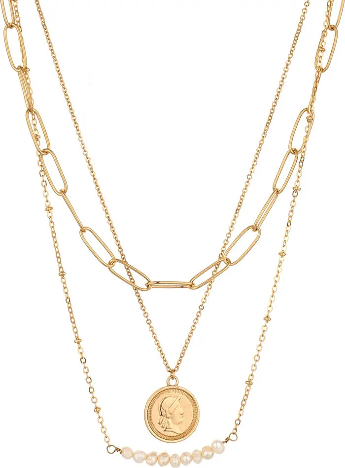 Ettika Set of 3 Paper Clip Chain, Coin Pendant & 4mm Freshwater Pearl Necklaces | Nordstromrack | Nordstrom Rack