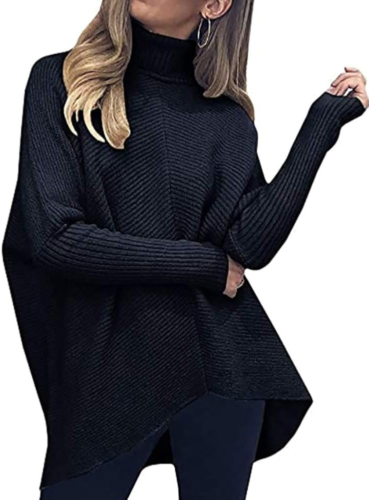 Poetsky Womens Turtleneck Pullover Sweater Loose Batwing Sleeve Knit Oversized Asymmetric Tunic T... | Amazon (US)